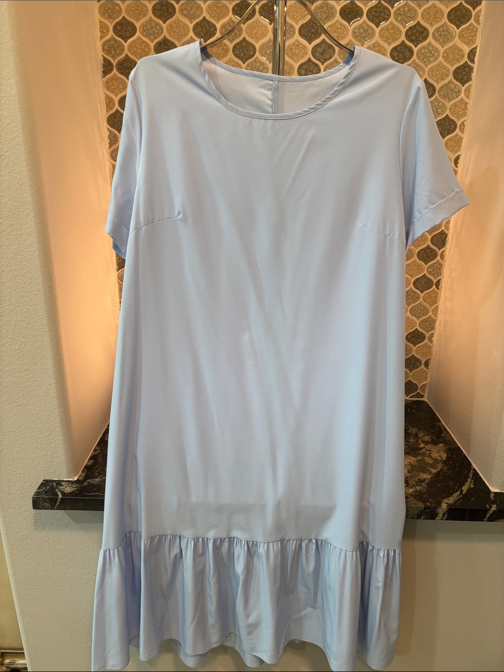 Women's Light Blue Short Sleeve Ruffle-Hem Tunic